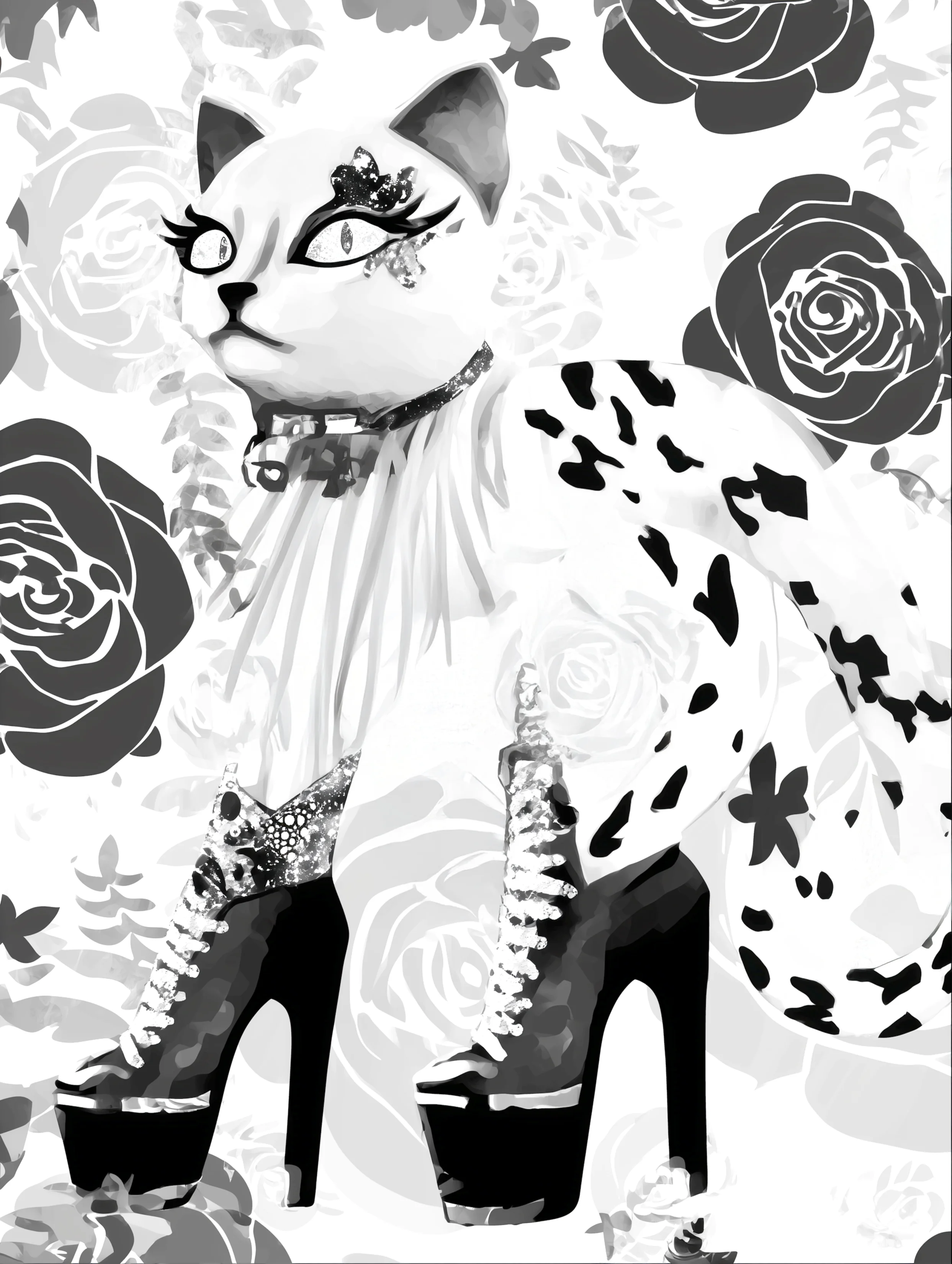 Free printable kitten coloring page featuring older kitten with fashion and chunky heels